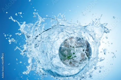 water splashing over earth on clear blue sky.