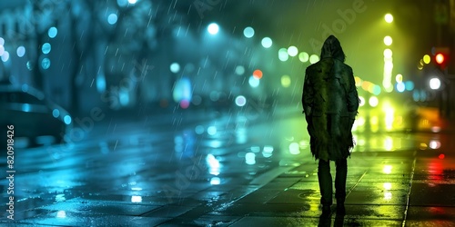 Mysterious figure in tattered coat disappears into rainy city streets at night. Concept Mystery, Detective, Noir, Rainy Night, Cityscape