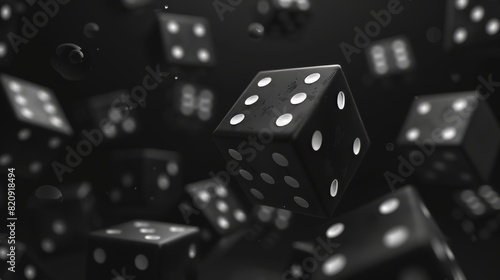 Three-dimensional modern illustration of black dice falling and rolling realistically. Square craps pieces with different amounts of white dots on each side for gambling and casino play.