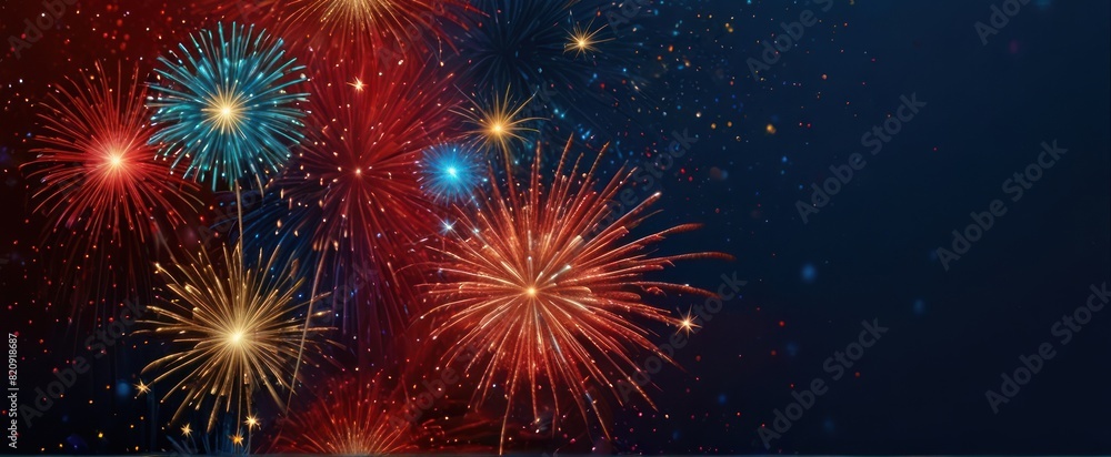 abstract Red, gold and blue glitter background with fireworks. Christmas eve, 4th of July holiday concept abstract Red, gold and blue glitter background with fireworks. Christmas eve, 4th of July holiday concept