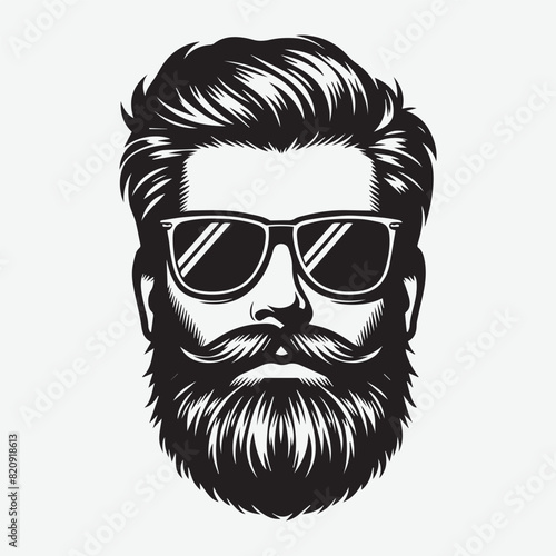 Front view of Man face in Beard, Sunglasses Fashionable hair vector illustration silhouette © VectBox