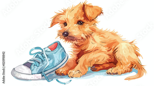 Amusing dog sitting and chewing or gnawing shoe. Funny photo