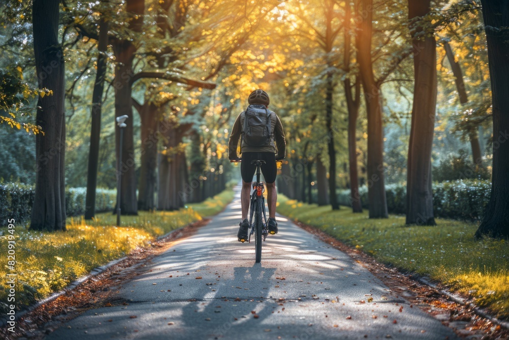 Person riding a bicycle on a sunlit path through a forest