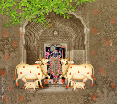 Indian Pichwai Cow Illustration with Shreenathji (Shree Krishna) , Arch gate and green tree branch for Interior Wall Decoration.