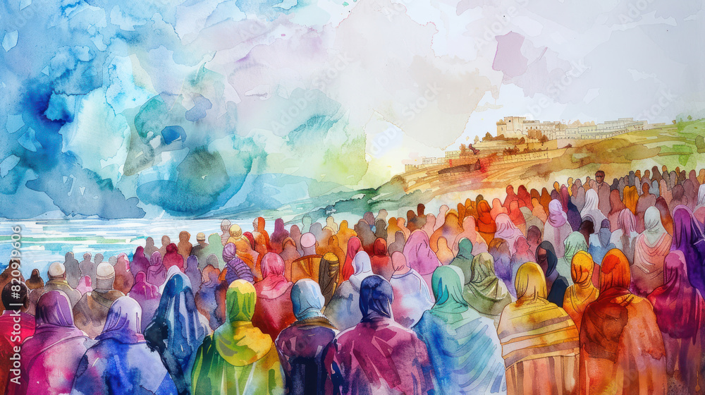 Fototapeta premium The Sermon on the Mount, illustrated with a large gathering of people in vibrant, varied watercolor washes.
