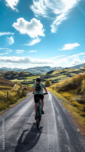 A person cycling through a scenic landscape