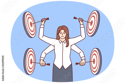 Professional multi-armed woman manager strikes performs several business goals at same time multitasking. girl among targets for darts symbolizes concentration on professional skills and goals