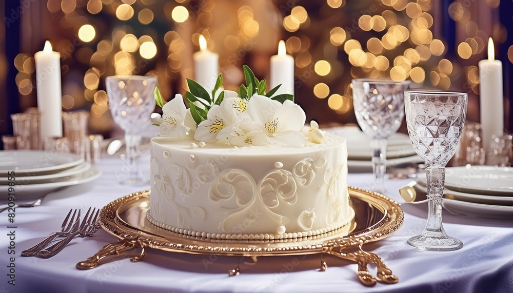 white vanilla cake on a table decorated for a party celebration