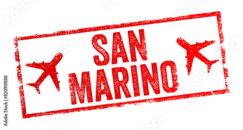 San Marino is a small, landlocked country located entirely within Italy, it is one of the world's oldest republics, having been founded in AD 301, text emblem stamp with airplane photo