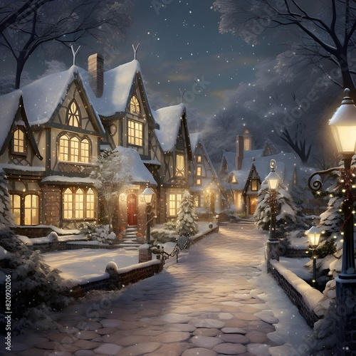 Winter night in a snowy village. Illustration. Digital painting.