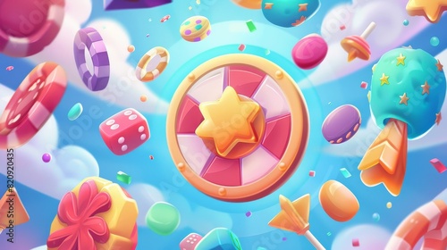 The fortune spin wheel user interface game is an illustration of a modern lottery design. It features a lucky roulette wheel with hearts, candy, stars, bombs, potions, and donuts as gift bonuses. It
