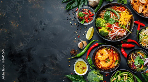 Traditional Thai food on dark background. Oriental food concept. Top view, flat lay, panorama.