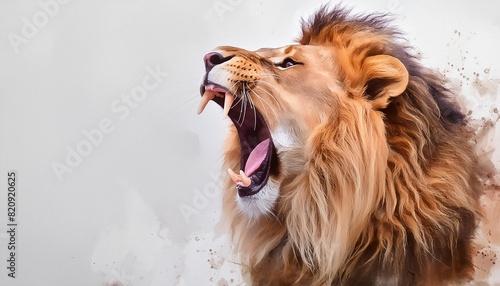painting in watercolor modern illustration of a roaring lion on a white background