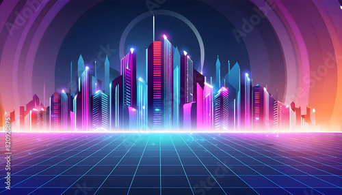 a futuristic digital background wallpaper featuring neon cityscapes and holographic elements, capturing the essence of a high-tech metropolis