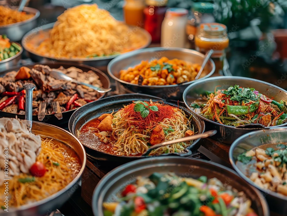 A large assortment of Asian food is displayed on a table. The dishes are arranged in various bowls and plates, with some containing noodles and others containing vegetables
