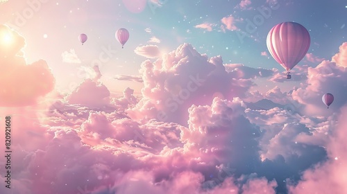Create a dreamy sky scene with pastel clouds and hot air balloons.  photo
