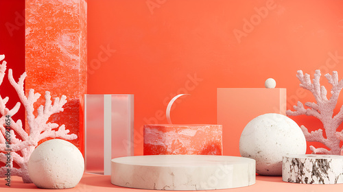 3d render of red round podium on red background, Platform for product presentation, Abstract round podium illuminated with neon lights, Award ceremony concept. stage backdrop, Abstract red background
