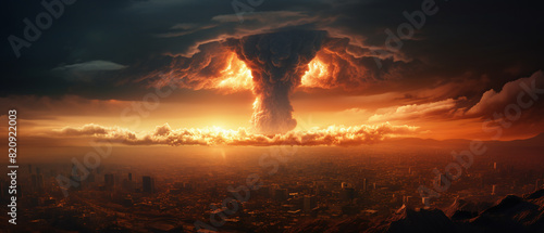 A nuke on city at distance cinemetic background. photo