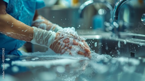 Detailed View of Surgeon’s Hands Scrubbing Sterilely Pre-Operation photo