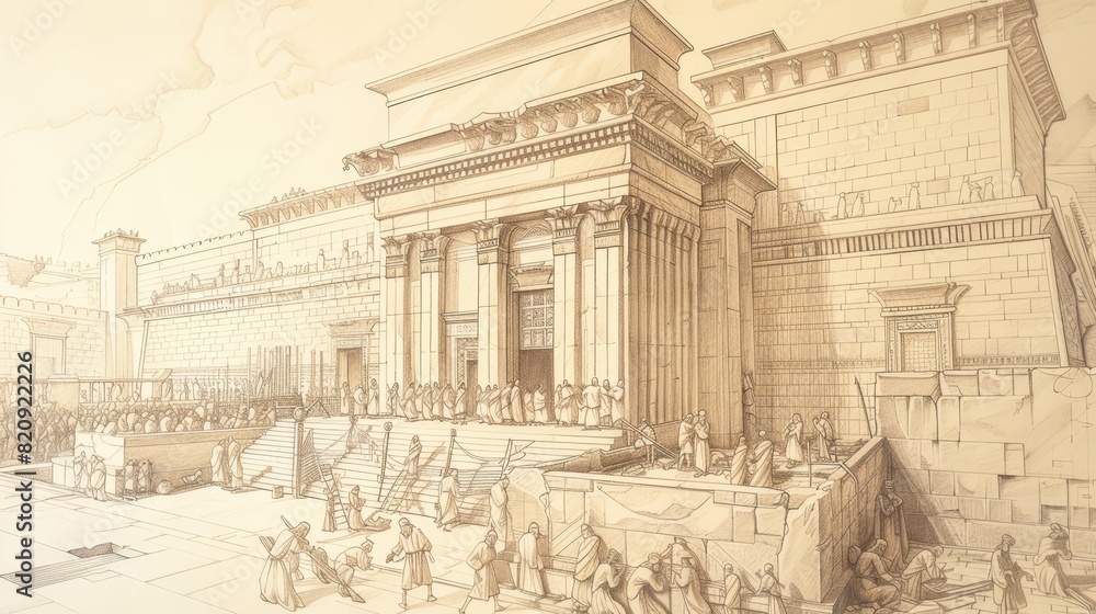 The Building of Solomon’s Temple with Intricate Details and Craftsmen at Work - Biblical Illustration The Building of Solomon’s Temple with Intricate Details and Craftsmen at Work - Biblical Illustration