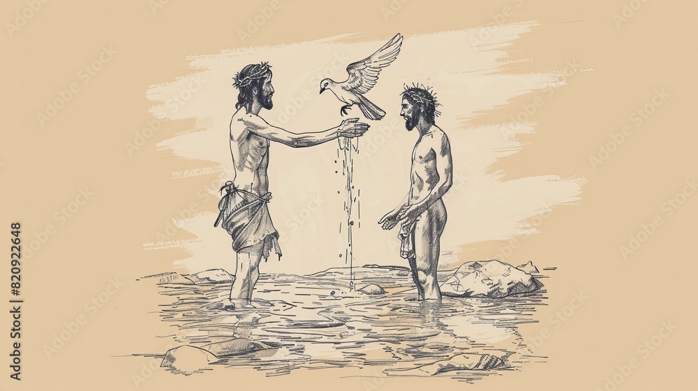 Obraz premium The Baptism of Jesus by John the Baptist in the Jordan River with Dove Descending - Biblical Illustration