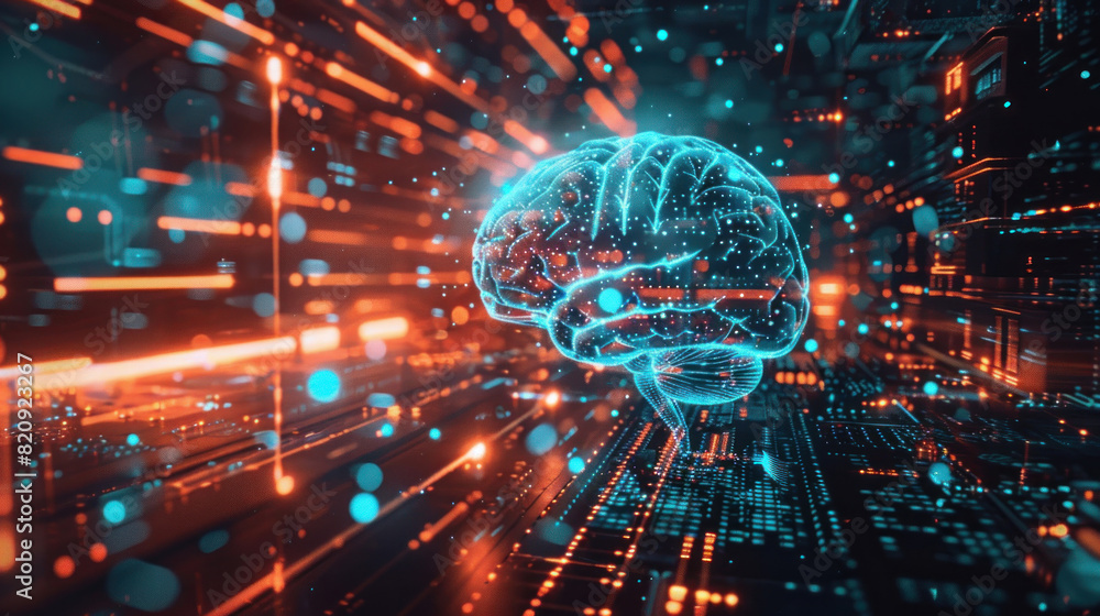 Visualization of a brain interfaced with cybernetic enhancements, highlighting AI integration. Visualization of a brain interfaced with cybernetic enhancements, highlighting AI integration.