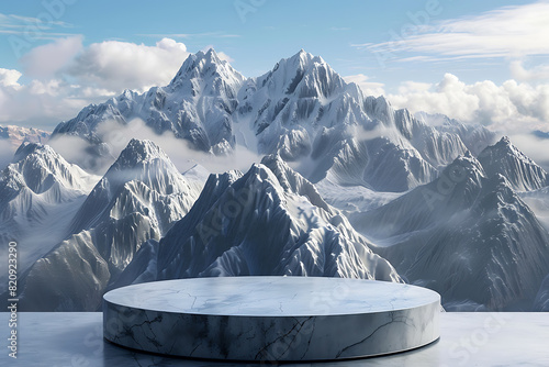 A 3D podium set against a stunning mountain scene, perfect for product displays and presentations