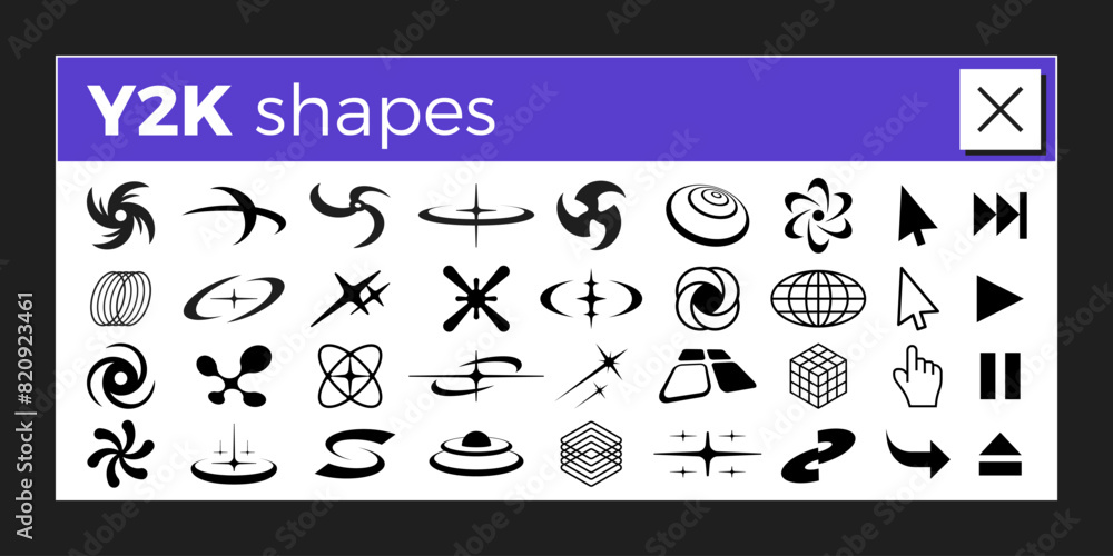 Y2K style design asset. Retro PC user interface elements. 2000s vector shapes, symbols, frames, objects for posters, flyers, banners, clothes, social media, graphic design. Y2K aesthetics.