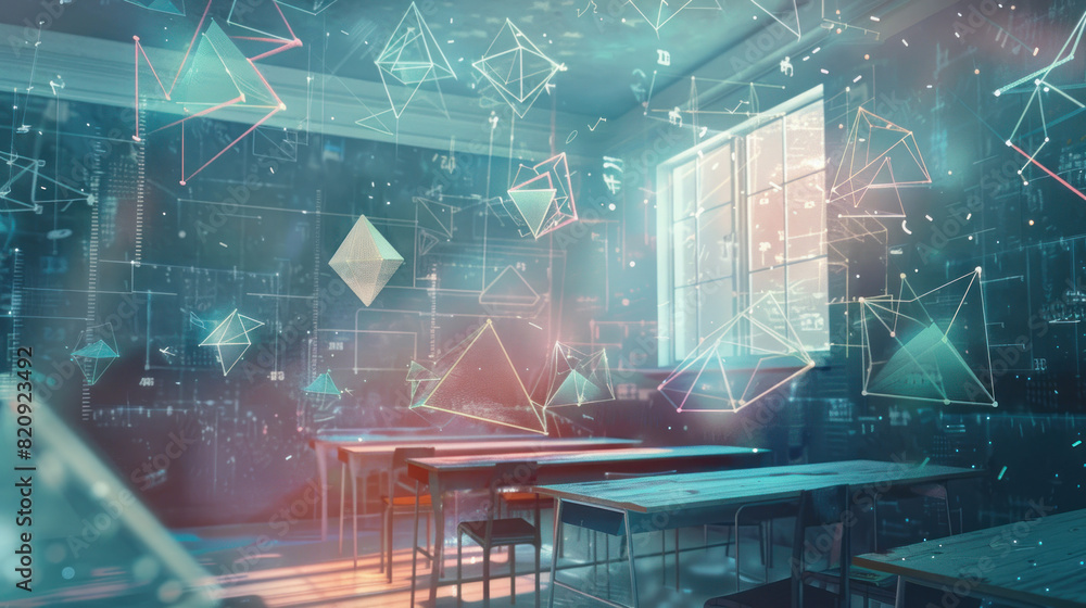 Visualization of a math class with geometric shapes and formulas ...