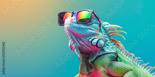 Iguana wearing colourful mirrored sunglasses on a blue and green solid background