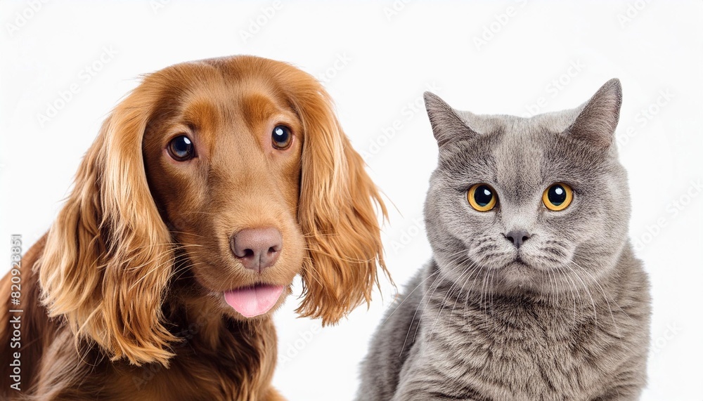 portrait of a dog russian spaniel and cat scottish fold isolated on a white background