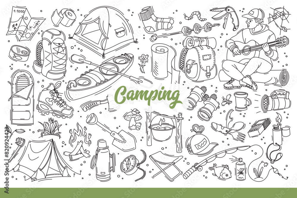 Obraz premium Camping equipment for hiking and active tourism to maintain health. Clothes and tools for camping near tents for spending night in forest and boats for fishing or hunting. Hand drawn doodle
