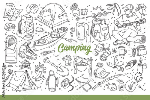 Camping equipment for hiking and active tourism to maintain health. Clothes and tools for camping near tents for spending night in forest and boats for fishing or hunting. Hand drawn doodle