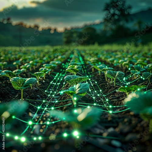 Futuristic agricultural technology concept with connected plants in a green field, enhancing growth and efficiency through AI tech.