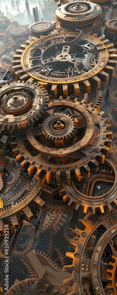 Generate an intricate network of interconnected gears symbolizing corporate competition, rendered in a detailed and realistic steampunk style with a tilted perspective Generate an intricate network of interconnected gears symbolizing corporate competition, rendered in a detailed and realistic steampunk style with a tilted perspective