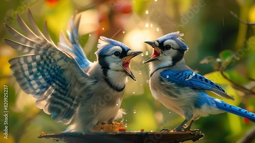 Funny baby blue jays squabbling over a feeder, their colorful plumage and squawks adding to the amusing scene. photo