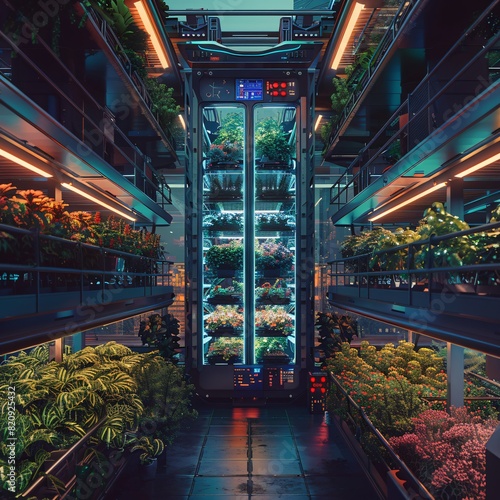 Futuristic indoor hydroponic farm with vibrant LED lighting  displaying various plants and advanced technology for modern agriculture.