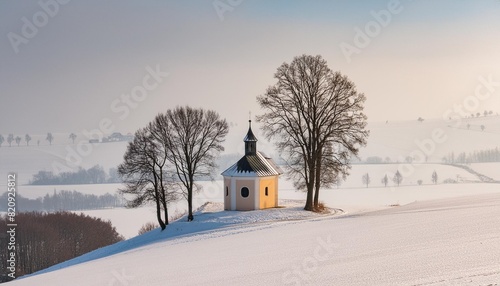 a beautiful chapel on a hill with trees and snow landscape with nature in winter chapel of the holy trinity rosice czech republic photo