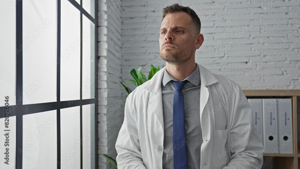 Professional man in medical lab coat standing thoughtfully in a modern clinic office Professional man in medical lab coat standing thoughtfully in a modern clinic office