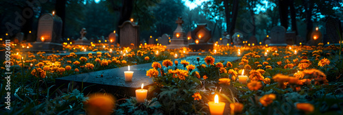 A nighttime scene of a tombstone illuminated by candlelight on Memorial Day  long exposure to create a warm  glowing effect that symbolizes eternal remembrance and honor