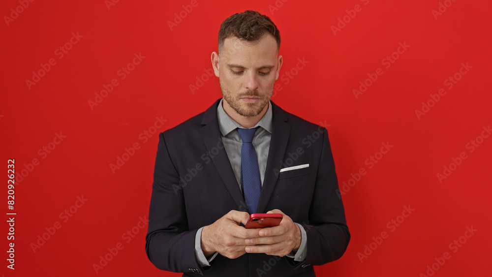 A professional young man uses a smartphone against an isolated red background. A professional young man uses a smartphone against an isolated red background.