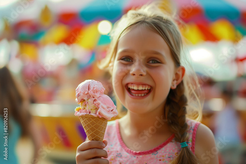 A happy girl enjoys an ice cream cone with a colorful background at the amusement park.