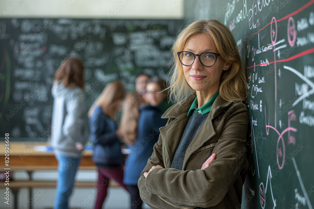 Female teacher with glasses stands confidently in a classroom with students and blackboards in the background Female teacher with glasses stands confidently in a classroom with students and blackboards in the background