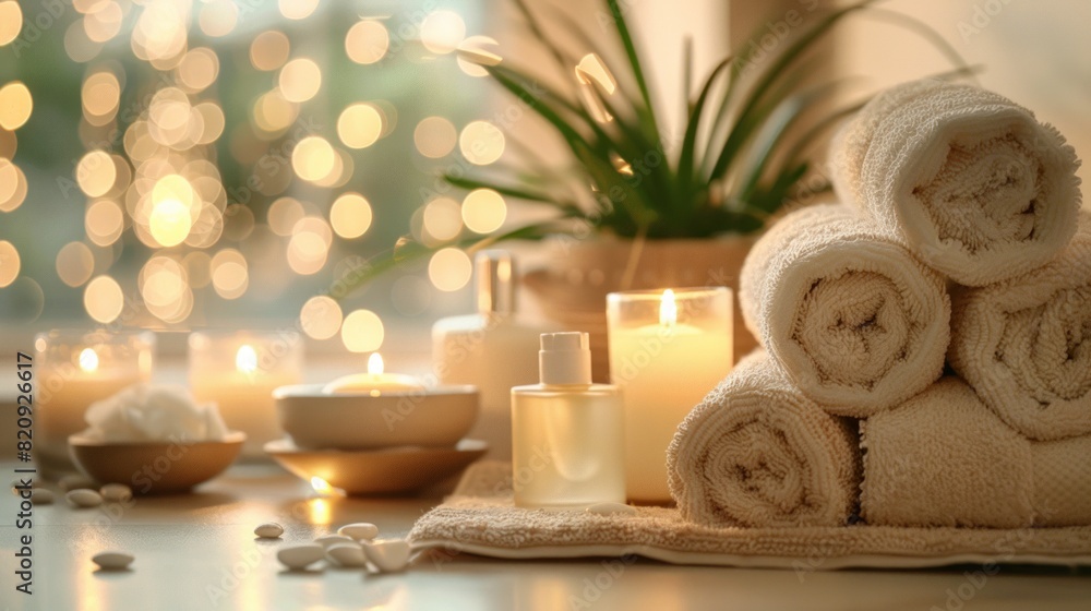 A serene spa setting with rolled towels, lit candles, and soft lighting. A serene spa setting with rolled towels, lit candles, and soft lighting.