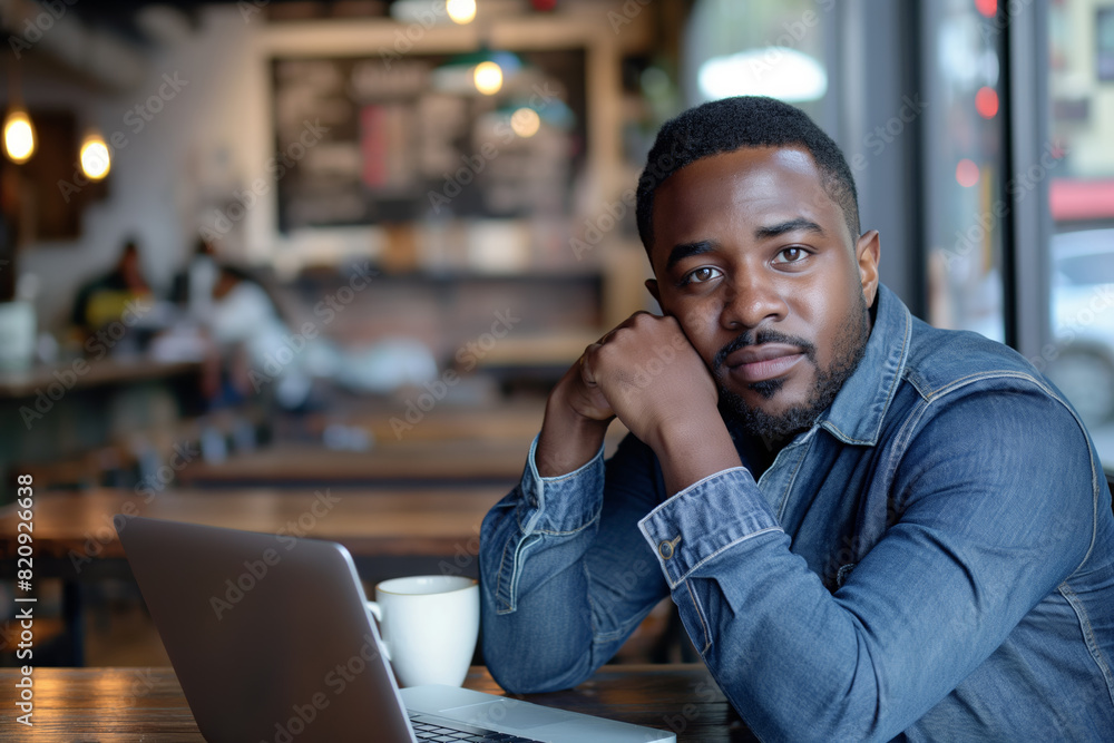 Man sitting in a coffee shop, wearing a denim jacket, working on a laptop, thoughtful expression. Man sitting in a coffee shop, wearing a denim jacket, working on a laptop, thoughtful expression.