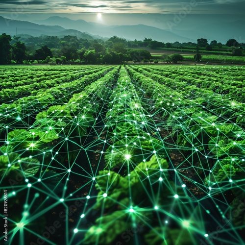 Innovative agriculture technology landscape with connected smart farming network in a green field at sunrise, showcasing digital transformation.