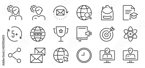 E-learning and education line icons set. Home schooling, online courses, exams, graduation, study. Isolated on a white background. Pixel perfect. Editable stroke. 64x64.