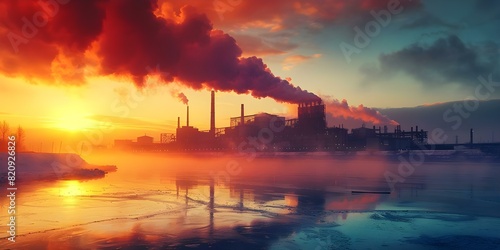 Factory at dawn emitting heavy pollution creating smoggy bleak environmental conditions. Concept Industrial Pollution, Factory Emissions, Environmental Degradation, Smoggy Atmosphere, Dawn Pollution