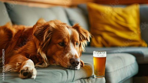 Cute dog with glass of beer near color wall.