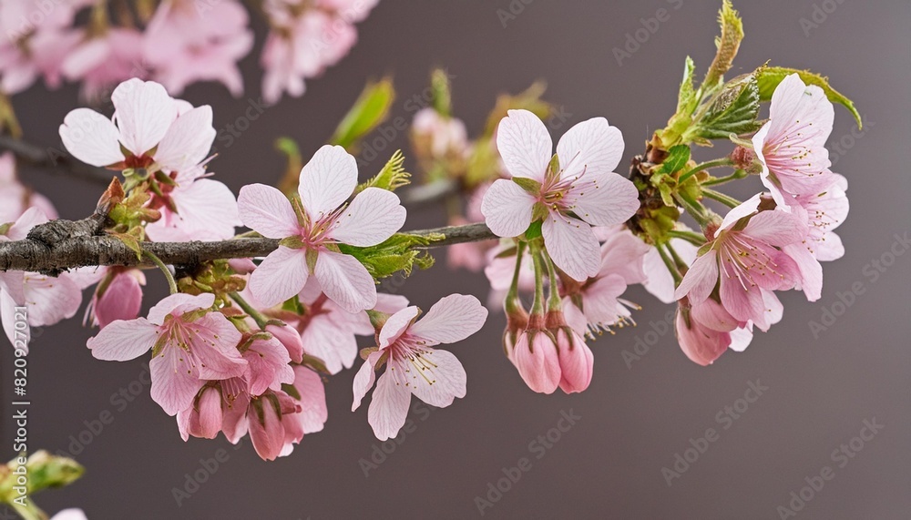 pink spring cherry blossom flowers on a tree branch isolated against a flat background